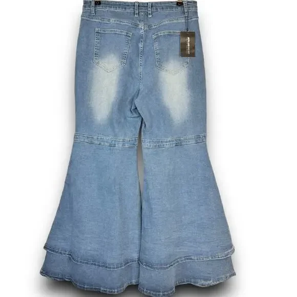 NEW XPlusWear Layered Bell Bottom Stretch Jeans High Waist 70s Style Size Large - Picture 5 of 11